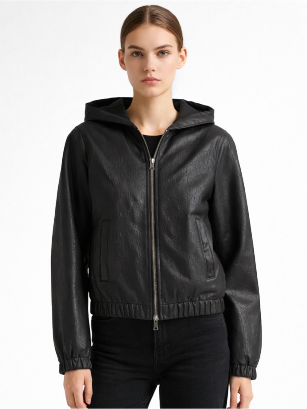 GG Monogram Sheep Leather Hooded Jacket Black XS